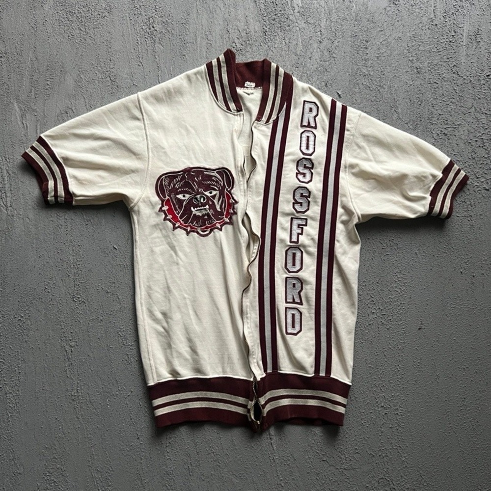 Vintage Rossford Bulldogs Warm Up Jacket Mens Size 36 White 1950s Chainstitch